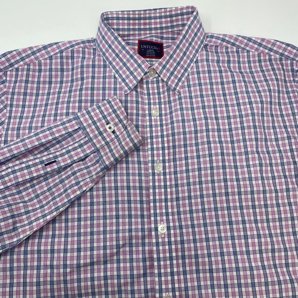 Untuckit Large Pink Blue Check Plaid Long Sleeve Button Up Cotton Dolcetto Shirt